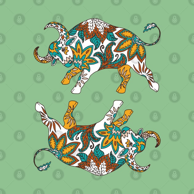 Paisley Oxen (Green Palette) by illucalliart