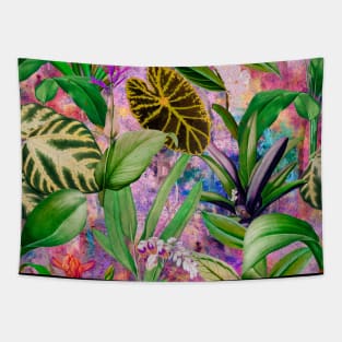 Tropical tropical floral leaves and foliage botanical illustration, pink purple leaves pattern over a Tapestry