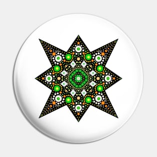 Eight-Pointed Star Mandala Green-Orange-Yellow-White Pin