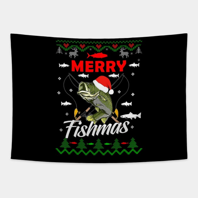 Ugly Fishing Christmas Bass Fish Merry Fishmas Pajama Tapestry by kasperek