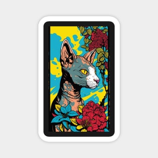 Sphynx Cat Vibrant Tropical Flower Tall Retro Vintage Digital Pop Art Portrait Magnet