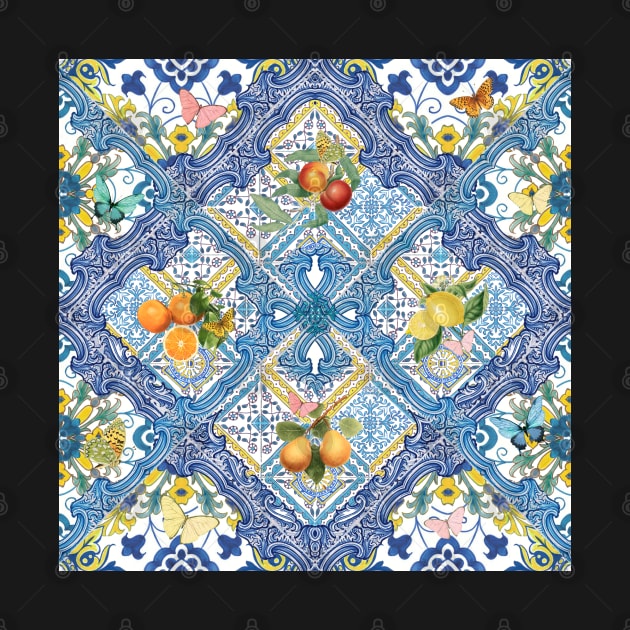 Mediterranean blue tiles, Italian citrus fruit, oranges and lemons by Bloomartgallery