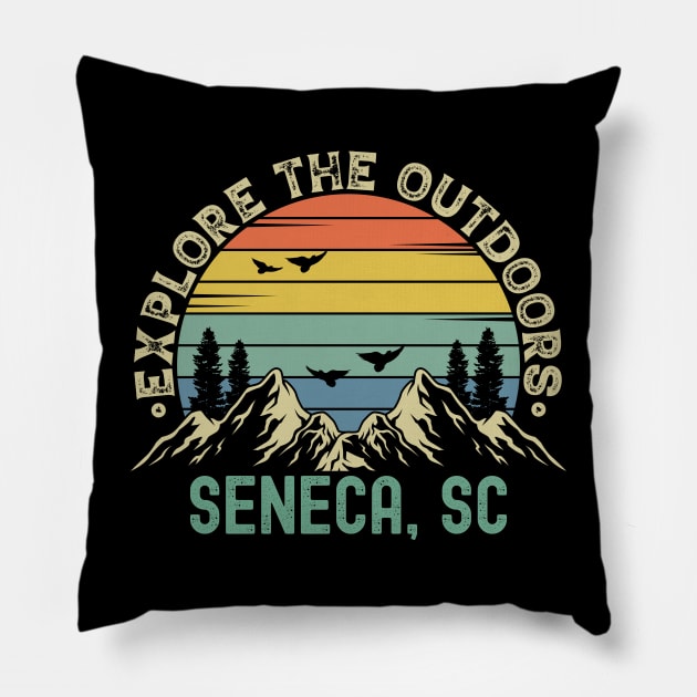 Seneca, South Carolina - Explore The Outdoors - Seneca, SC Colorful Vintage Sunset Pillow by Feel Good Clothing Co.