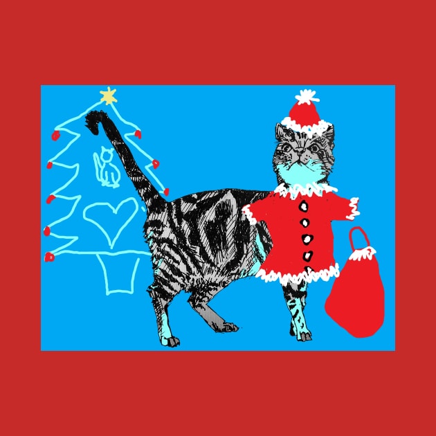 Santa Paws Tabby Cat Christmas Drawing Blue by SarahRajkotwala