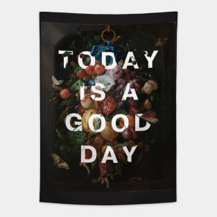 Floral typography: Today is a good day (bright white text) Tapestry