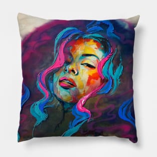 Abstract portrait of a young girl with curly hair. Pillow