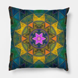 Mosaic Kaleidoscope Flower Yellow Blue and Pink Pillow