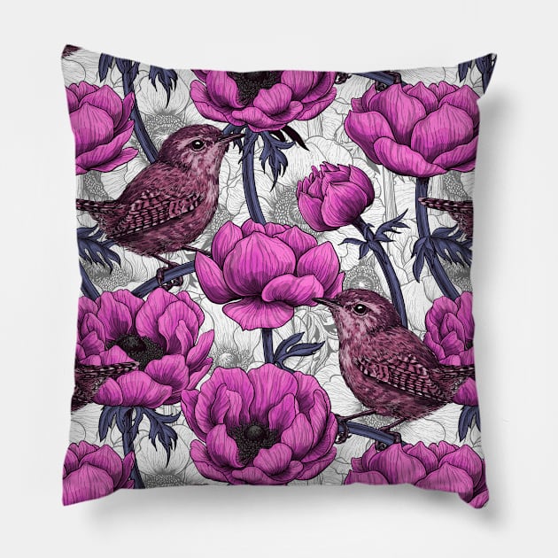 Wrens in the anemone garden Pillow by katerinamk