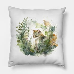 Watercolor Cat in Garden Pillow