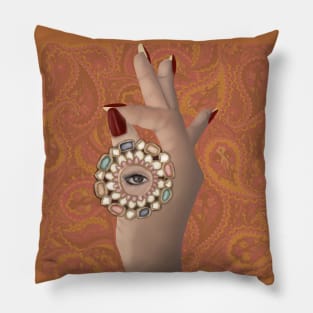 Desi Indian hand with beautiful colourful mirror arsi and eye with background Pillow