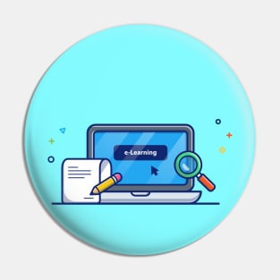 Laptop, Magnifying Glass, Paper And Pencil Cartoon Pin