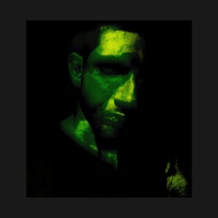Portrait, digital collage and special processing. Man looking from darkness. Green light. T-Shirt