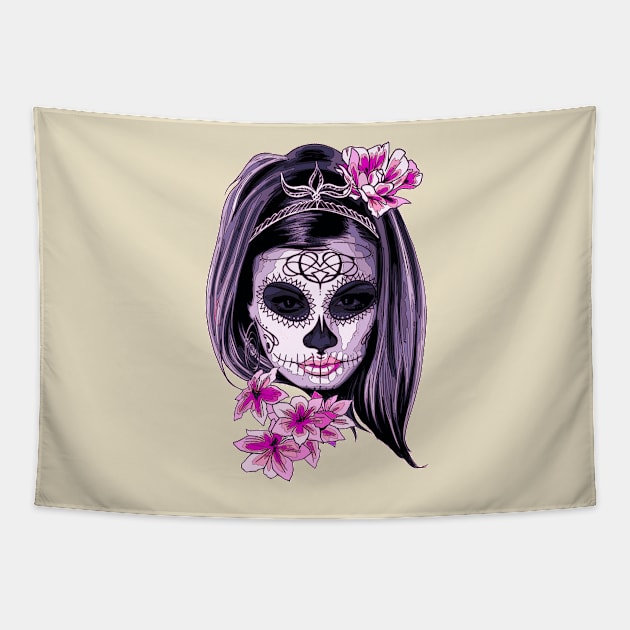 Catrina face painted in pastel colors with pink flowers. Feminist princess catrina face. Tapestry by Rebeldía Pura