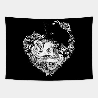 Skull and Black cat with flowers, skeleton with flowers, black and white drawing Tapestry