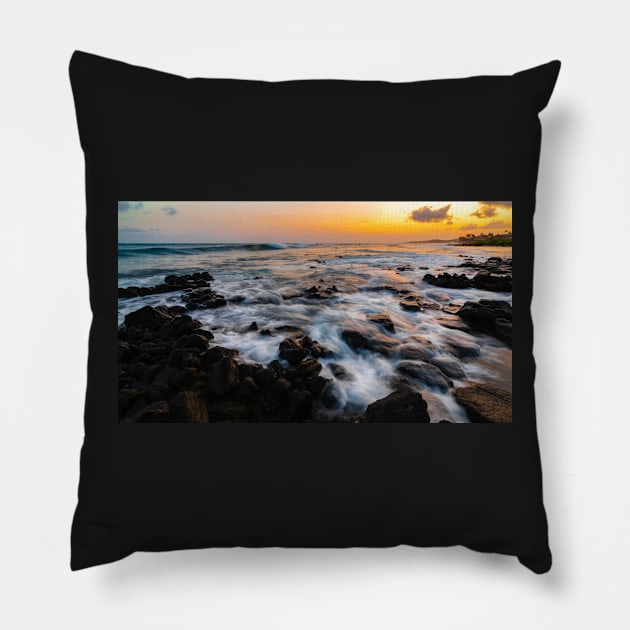 Rocky Hawaiian Beach at Sunset Pillow by JeffreySchwartz