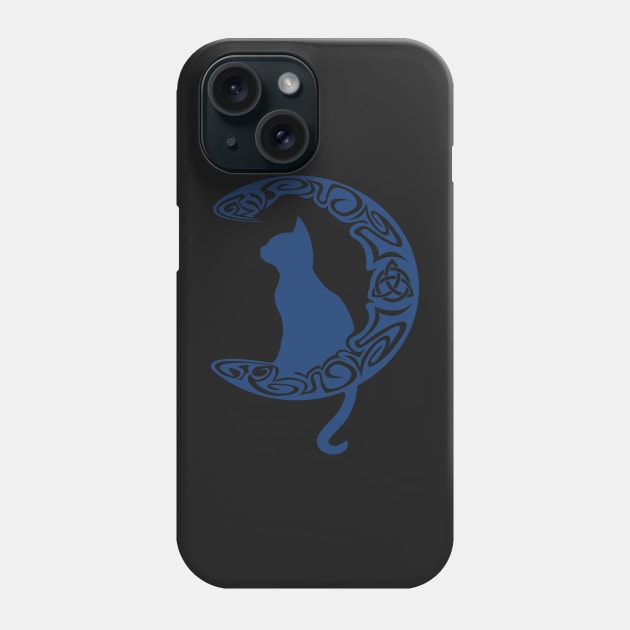 Blue Carved Celtic Moon Cat Triquetra Phone Case by DepicSpirit