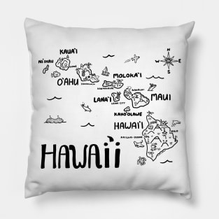 Hawaii Illustrated Map Black and White Pillow