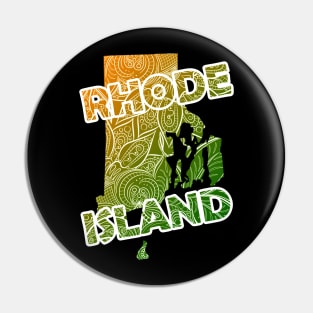 Colorful mandala art map of Rhode Island with text in green and orange Pin