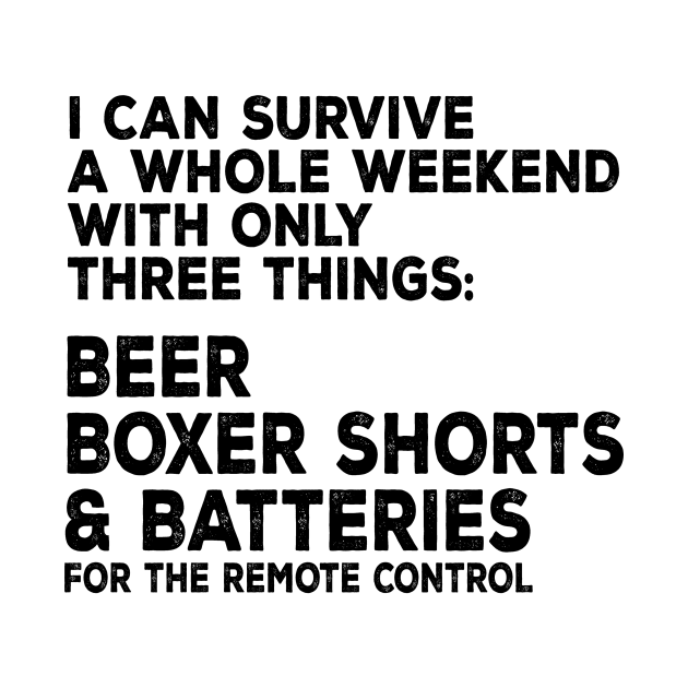 I can survive a whole weekend with only three things: beer, boxer shorts and batteries for the remote control by shopbudgets