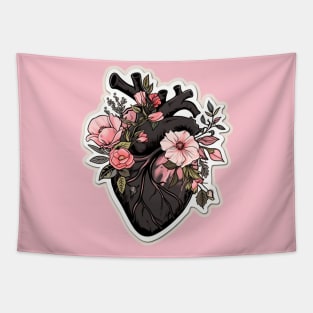 Black Goth Floral Anatomical Heart Tapestry