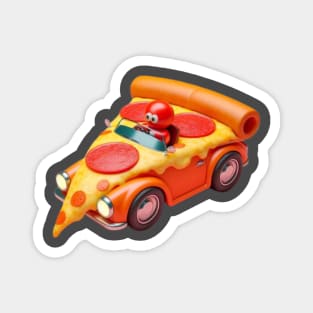 A slice of pizza driving a tiny pizza-shaped car with pepperoni wheels Magnet