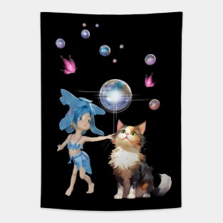 Sweet fairy is playing  with cute cat Tapestry