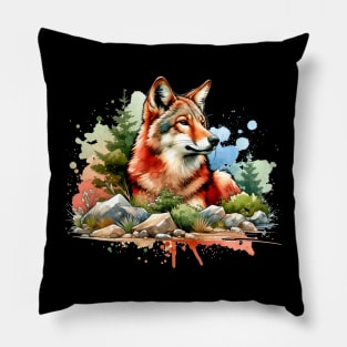 Red Wolf Digital Watercolor Pillow