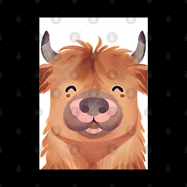 Cute Highland Cow Smiling Watercolor Painting by Art-Jiyuu