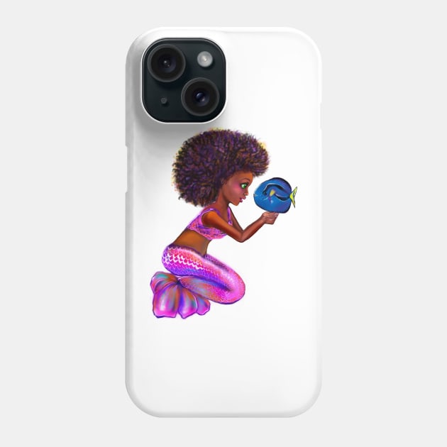 Black anime mermaid with blue tang fish, beautiful  black girl with Afro hair, green eyes, Cherry pink lips and dark brown skin. Hair love ! Phone Case by Artonmytee