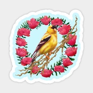 American Goldfinch Head Bird on Pink Flowers Magnet