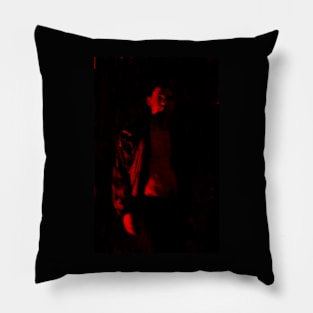 Portrait, digital collage and special processing. Beautiful guy in sport suit with bare torso. Red. Pillow