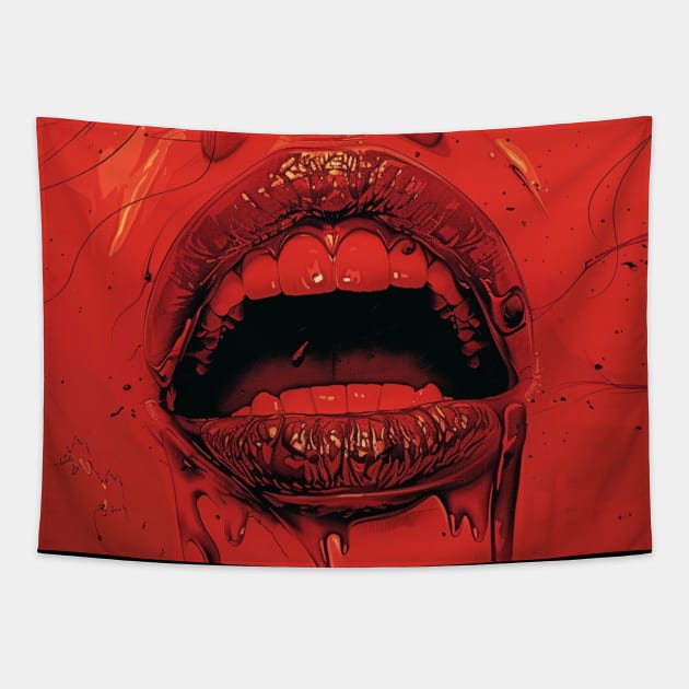 Red Lips Vampire Fangs Out Tapestry by Nightarcade