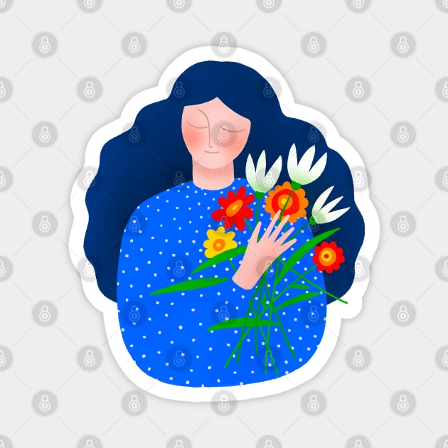 Girl with blue hair and spring flowers Magnet by iulistration