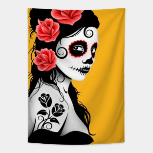 Red Day of the Dead Sugar Skull Girl Tapestry