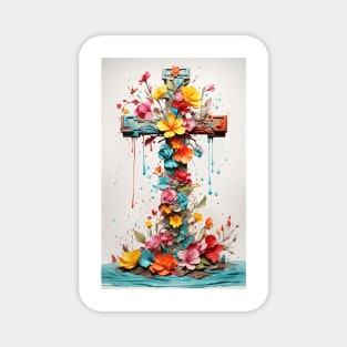 Cross with flowers, dripping paint Magnet