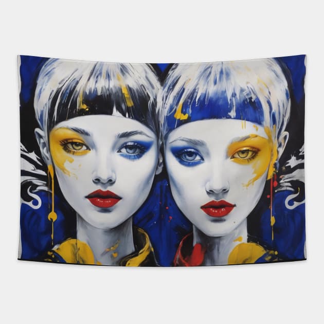 Abstract Girls Colorful Twin Portrait Blue and Red Tapestry by milcartworks