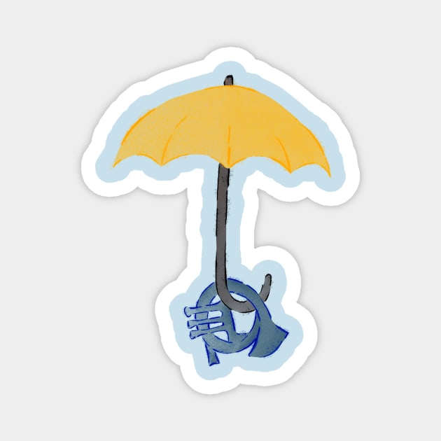 Yellow umbrella and blue horn - blue Magnet by Uwaki