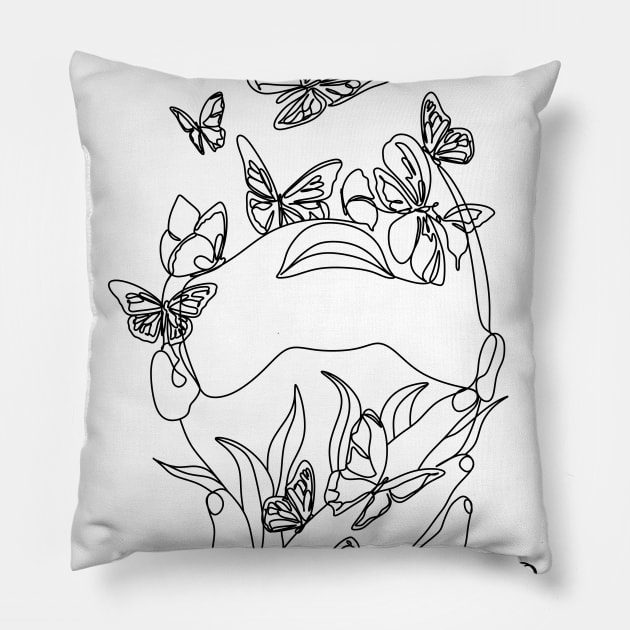 Abstract line drawing woman face with butterflys. Pillow by OneLinePrint