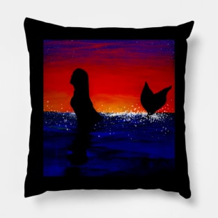 Mermaid swimming in the ocean, warm sunset Pillow