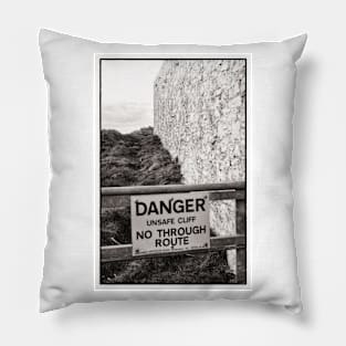 Danger sign near the lighthouse - Mull of Galloway, Scotland Pillow