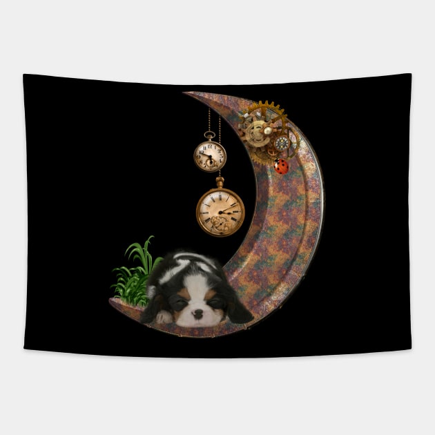 Steampunk moon with little puppy clocks and gears Tapestry by Nicky2342