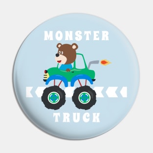 Cartoon vector of monster truck with little animal driver. Pin