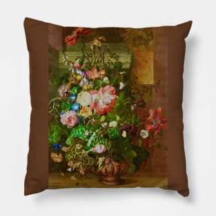 Roses, Convolvulus, Poppies, and Other Flowers in an Urn on a Stone Ledge by Rachel Ruysch Pillow