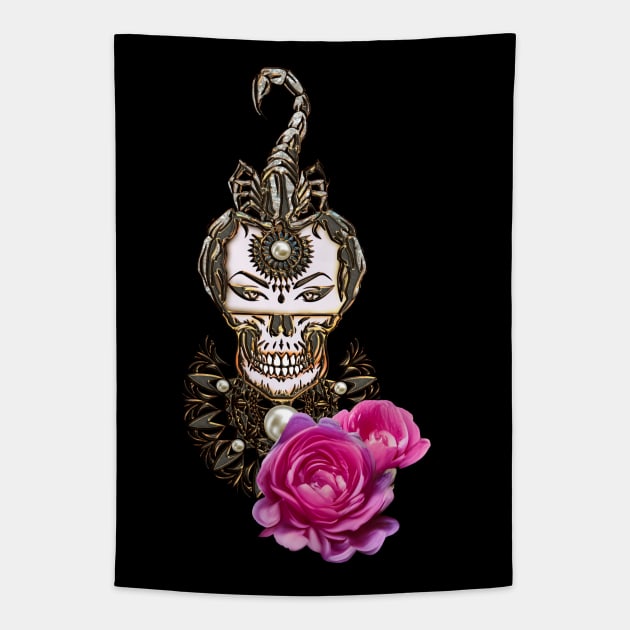 The skull and the scorpion with flowers Tapestry by Nicky2342