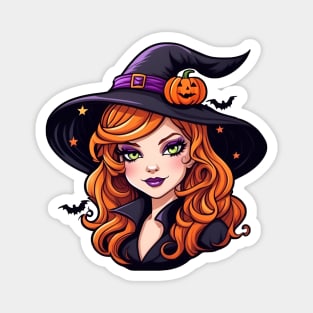 a witch with long red hair wearing a hat Magnet