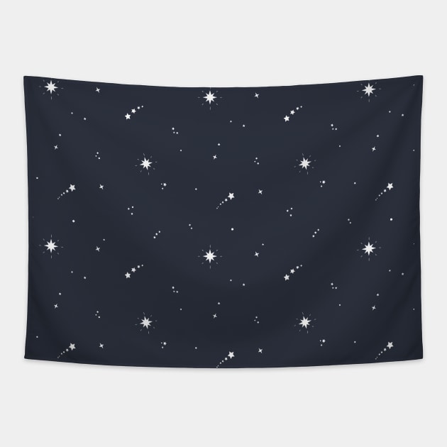 Minimalist White Shooting Stars on Navy Blue Tapestry by Irene Koh Studio