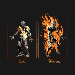 Adrian's Undead Diary Zombies are Bad, on fire they're worse design (orange) T-Shirt