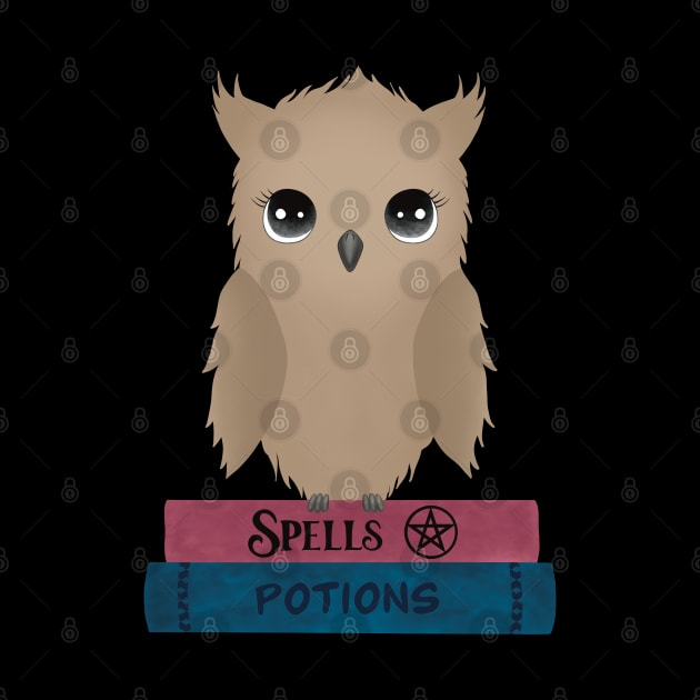 Cute Owl Sitting on Spells and Potions Magic Books by MadelaneWolf 