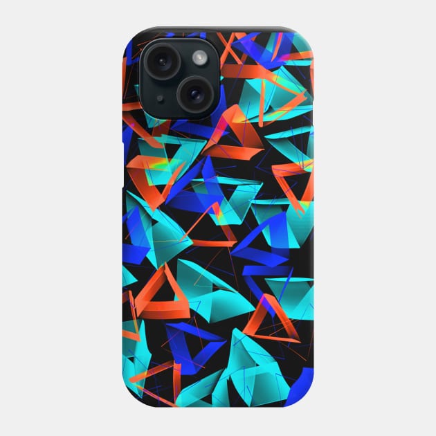 3D Blue Aqua and Orange Triangles on Black Abstract Phone Case by Klssaginaw