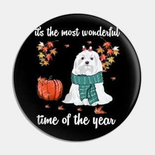 Maltese Dog Autumn Fall Most Wonderful Time Maple Gift Pin